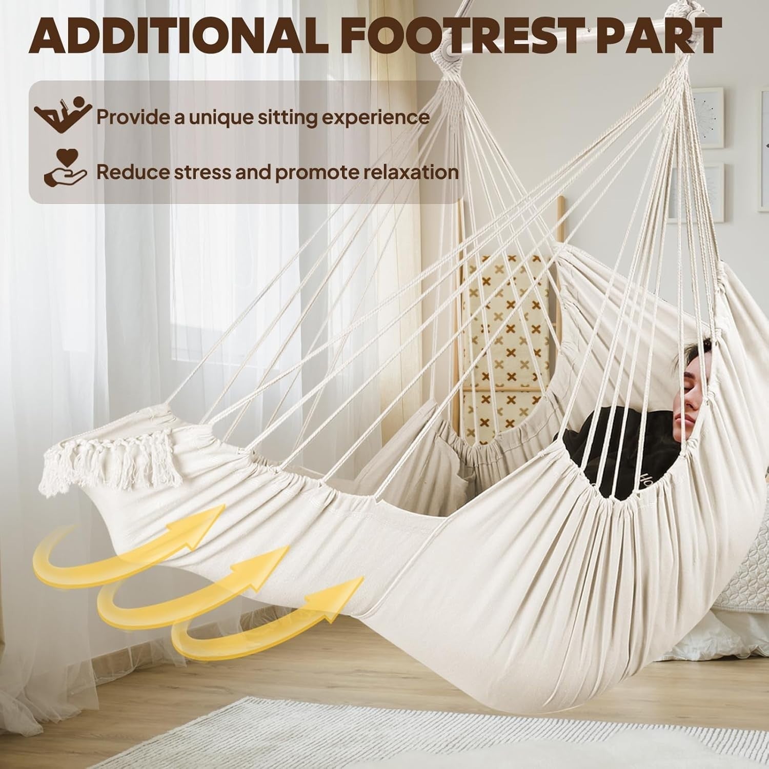 Cream Hammock Chair with Footrest & 2 Cushions | 550lbs Indoor Outdoor Swing