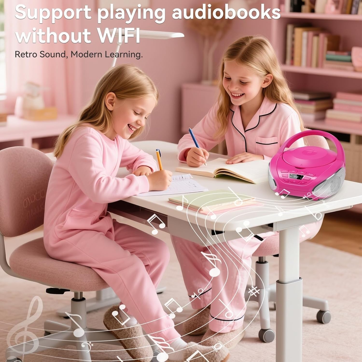 Portable CD Player Boombox Speakers FM Radio AUX Headphone Jack Pink