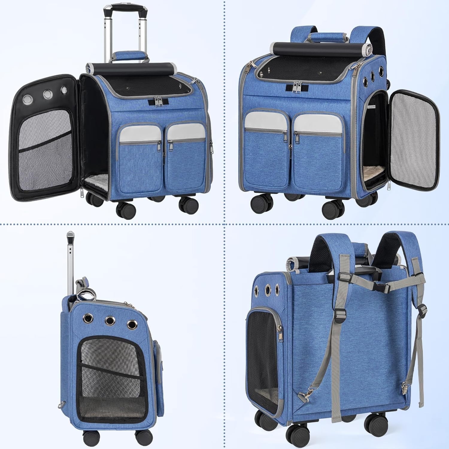 Cat Carrier with Wheels 3-in-1 Backpack Trolley Travel Bag Blue