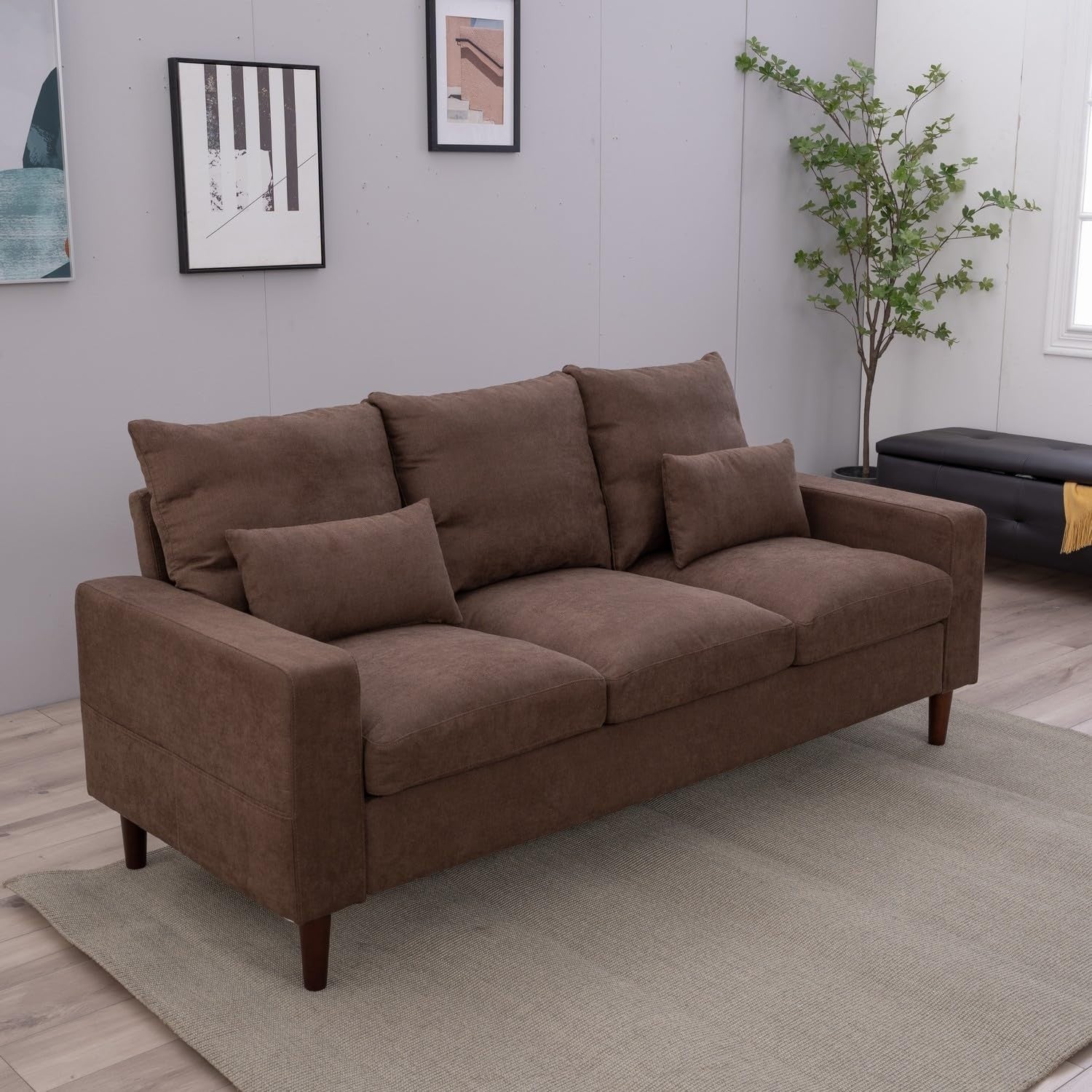 3 Seater Sofa Brown Linen Upholstered Couch Modern Compact Soft Seat with Cushio