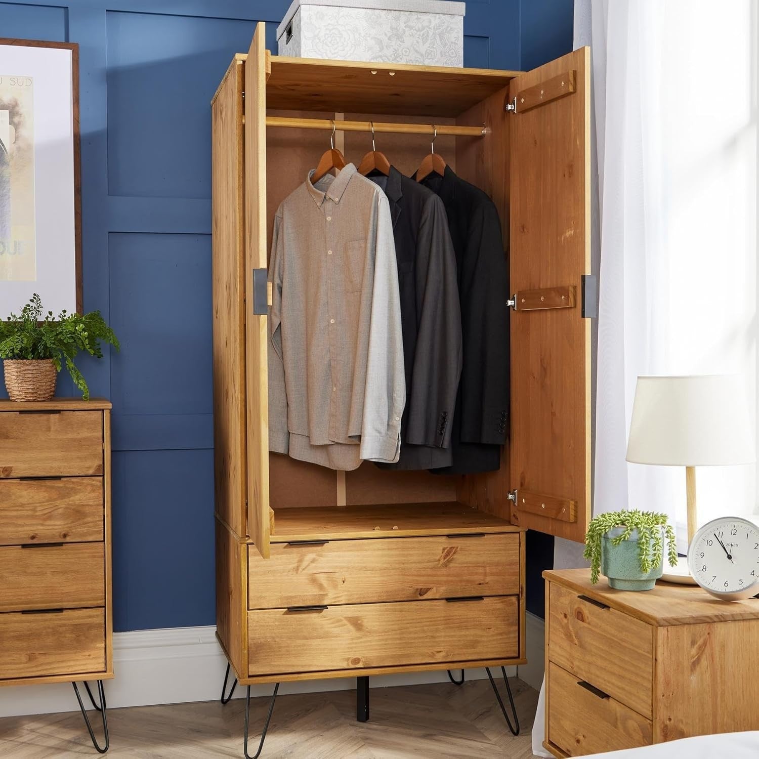 Wardrobe Cabinet with Drawers & Hanging Rail, Pine Wood Storage Unit