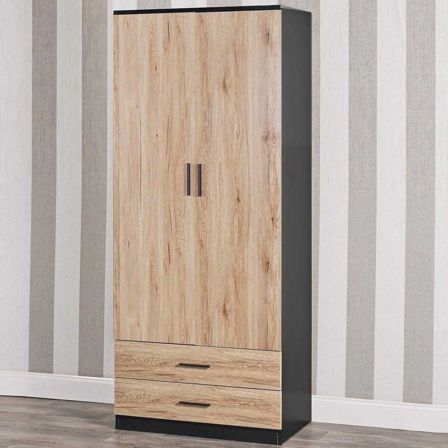 Black Oak 2 Door Wardrobe with Drawers Hanging Rail Bedroom Storage