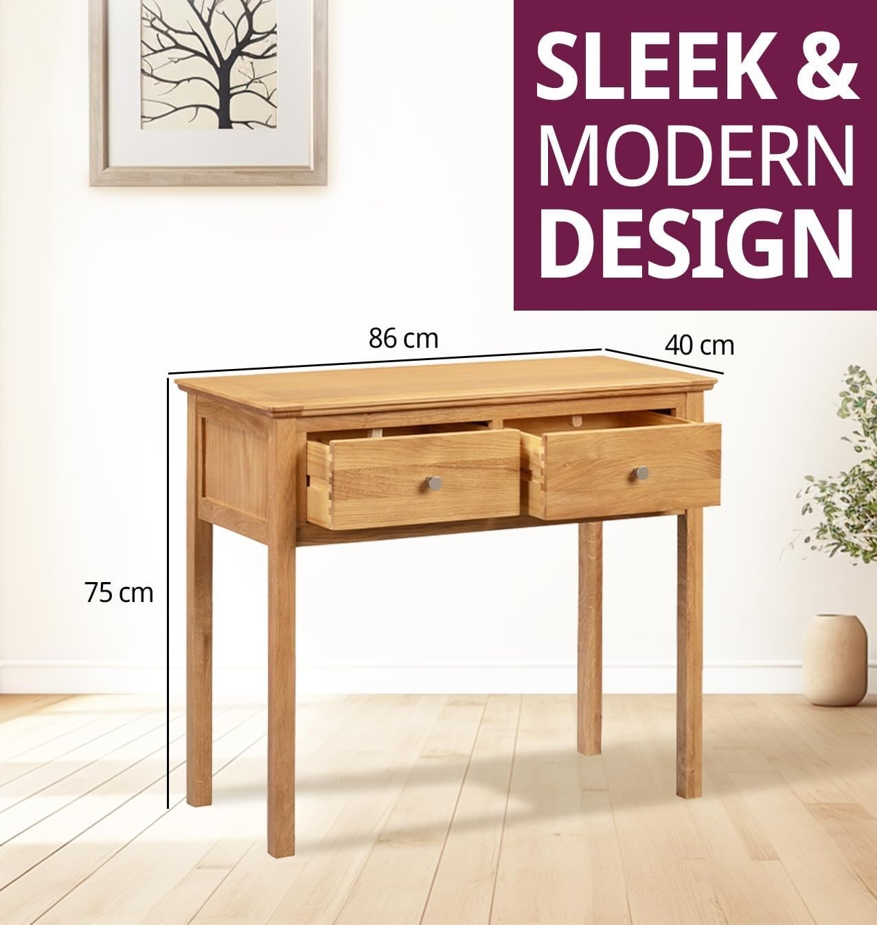 Solid Oak Wood Dressing Table Desk Console Vanity 2 Drawers Light Modern