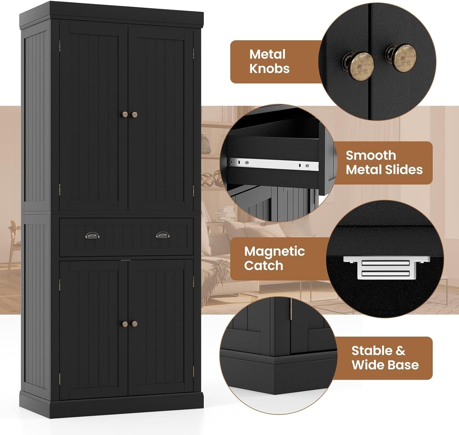 Black Tall Kitchen Cupboard 183cm Pantry Storage Cabinet Drawer Shelves