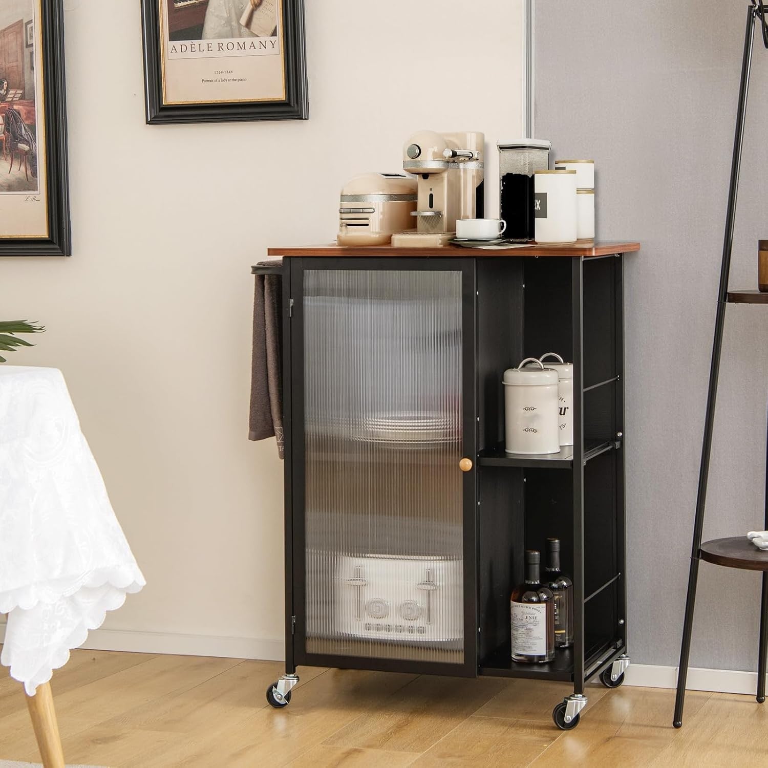 Kitchen Island Trolley Rolling Storage Cart Glass Door Cabinet Lockable Wheels