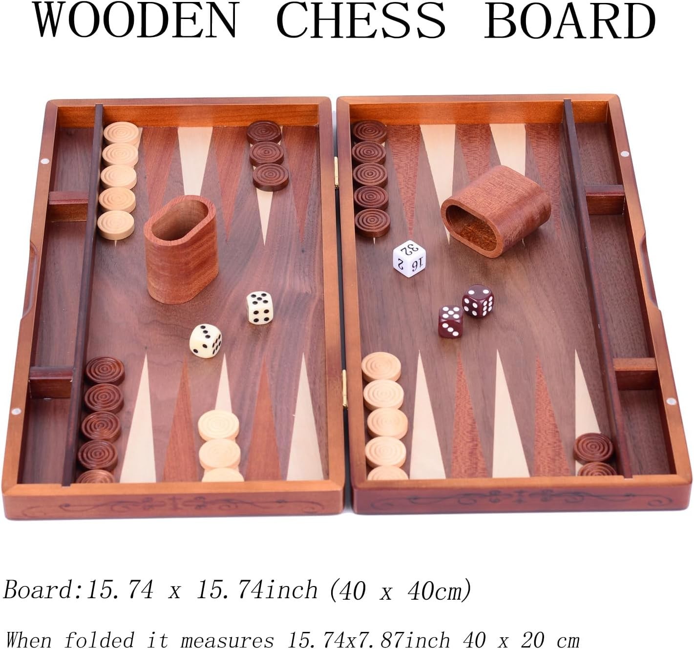 Large Wooden Backgammon Set 15.7” Folding Board Classic Strategy Game
