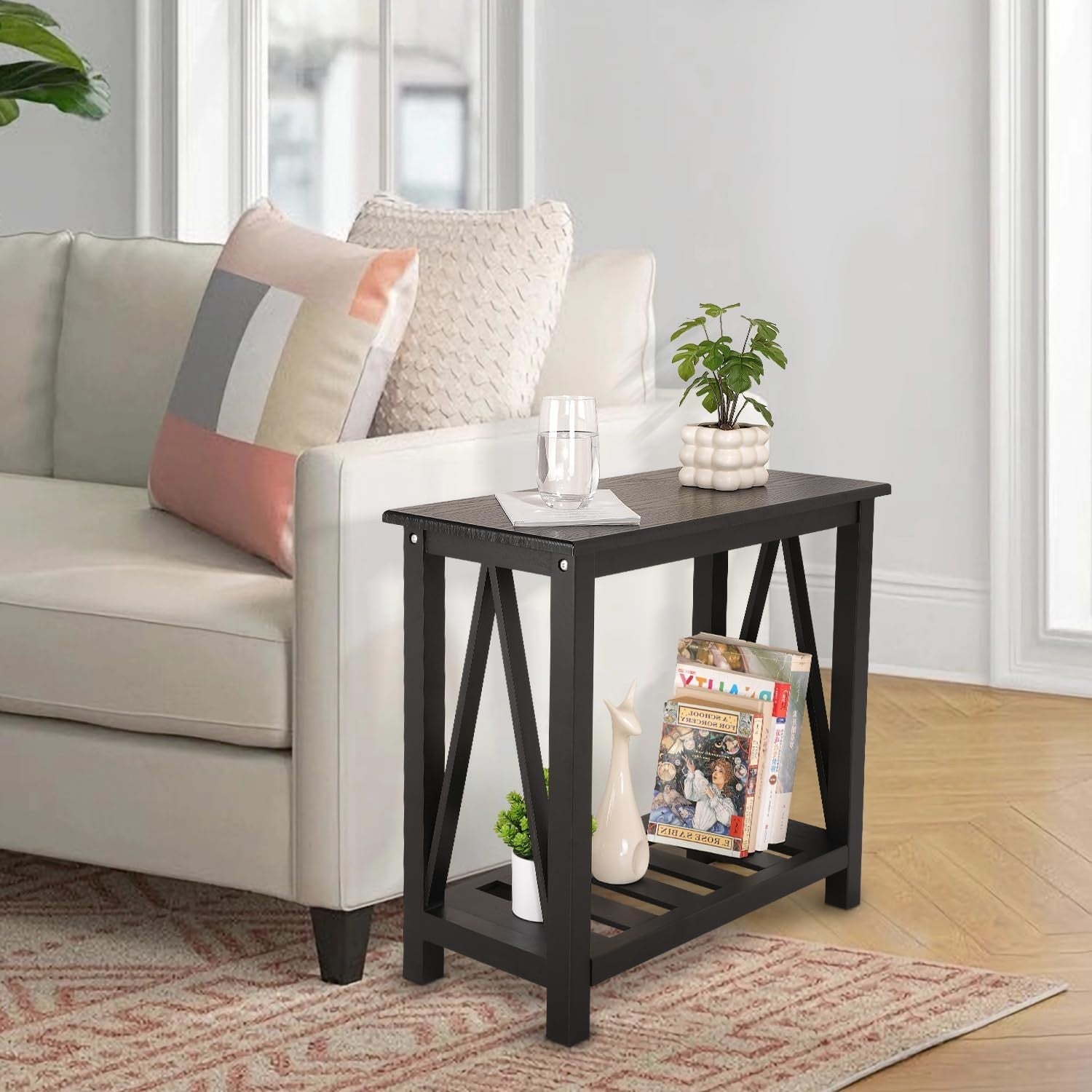 Narrow Black Wood Side Table with Storage Shelf, Modern Nightstand