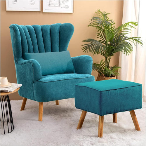 Teal Linen Wingback Tub Chair with Footstool, Wooden Legs, Lounge Sofa