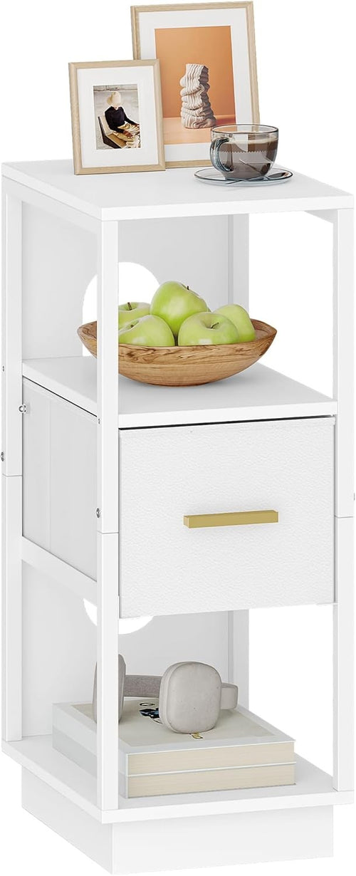 Slim White Bedside Table with Fabric Drawer – Modern Narrow Nightstand with Shel