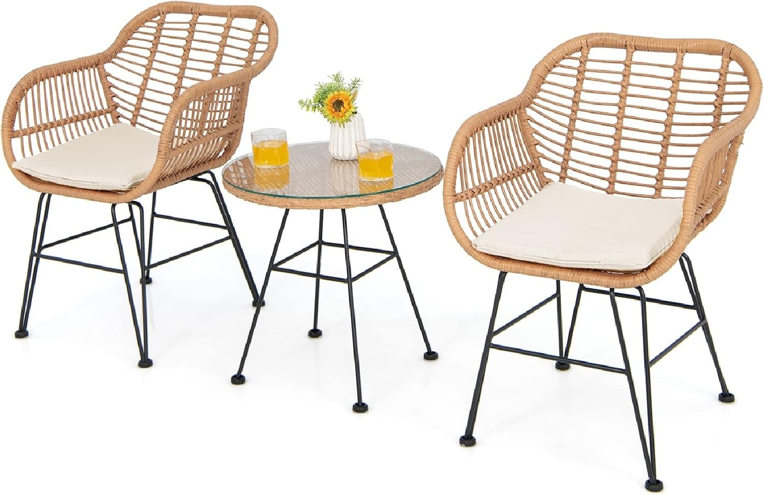 Outdoor Rattan Bistro Chairs Set with Glass Coffee Table Balcony Patio Seating