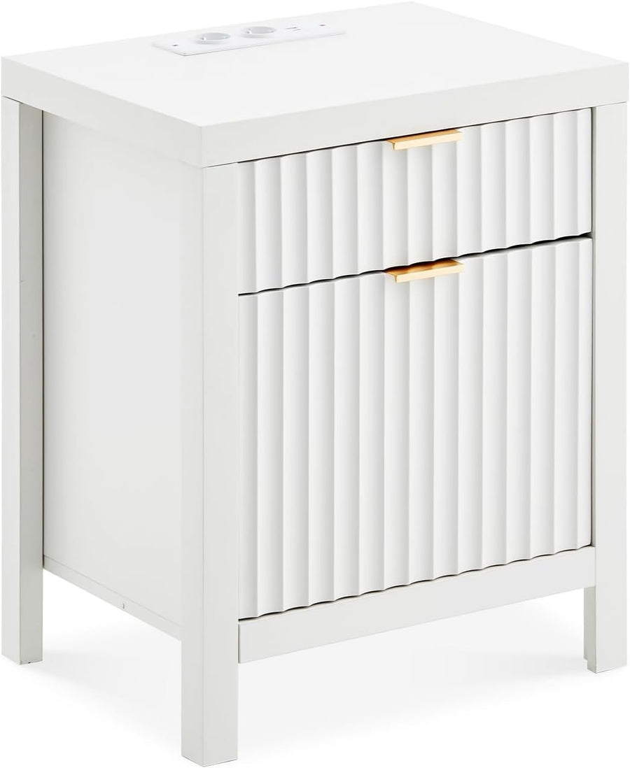 Modern White Bedside Table 2 Drawers with USB Charging Station 71x47x20cm