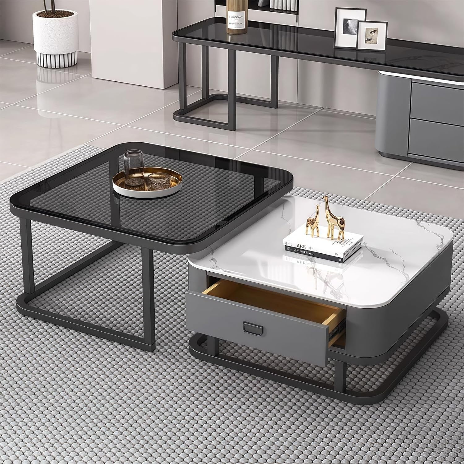 2-in-1 Nesting Coffee Table Set w/ Storage Drawer, Square Marble & Glass Top