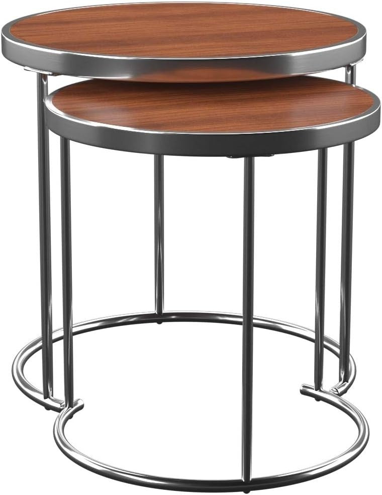 2pc Round Nesting Coffee Table Set Wood Top Chrome Metal Base Modern Living Room