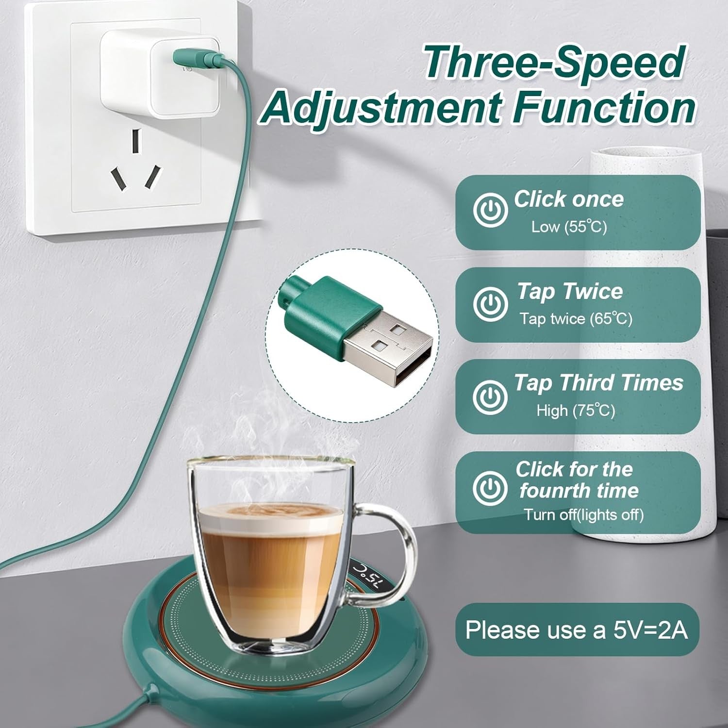 Coffee Mug Warmer USB 3 Temp to 75°C 8H Auto Off Desk