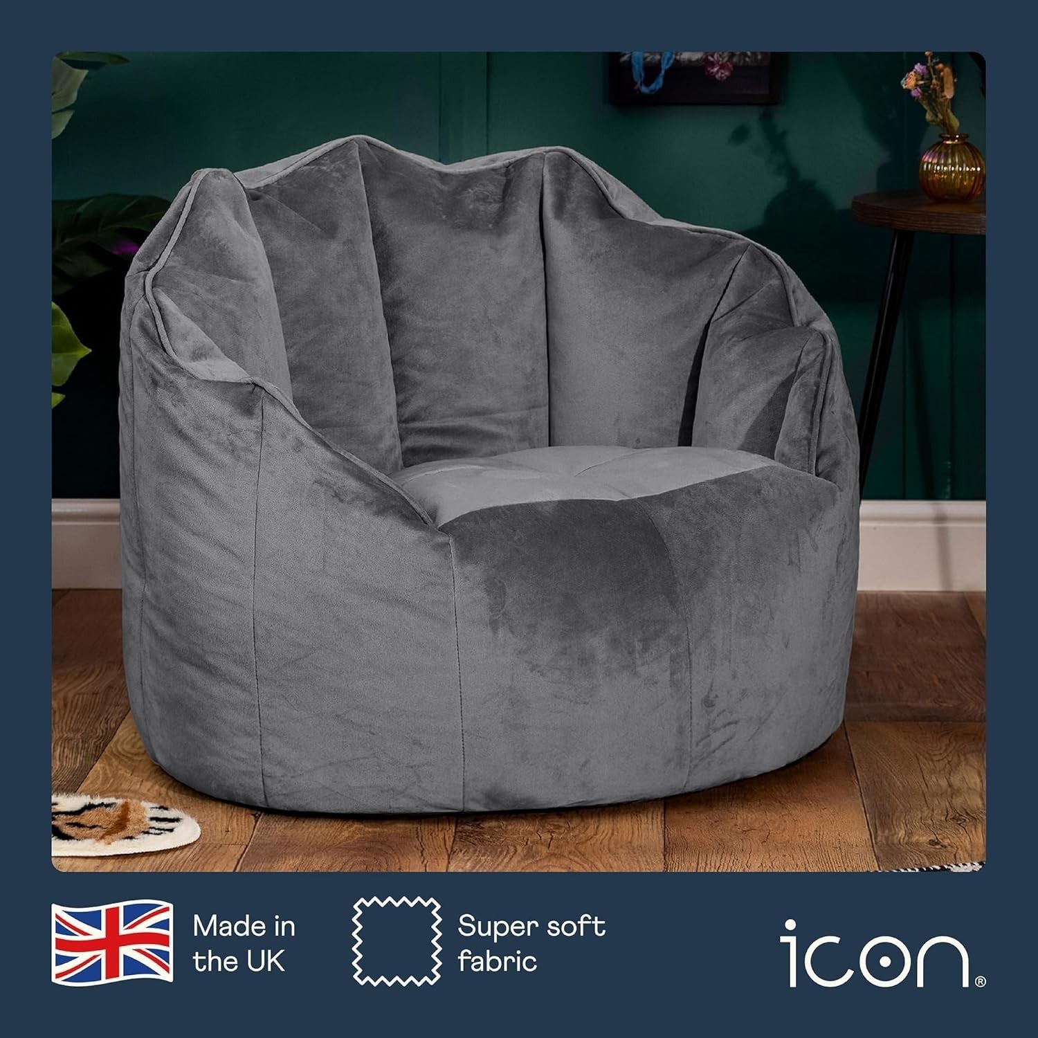Large Velvet Bean Bag Chair Grey | Comfy Lounge Seat for Adults Room