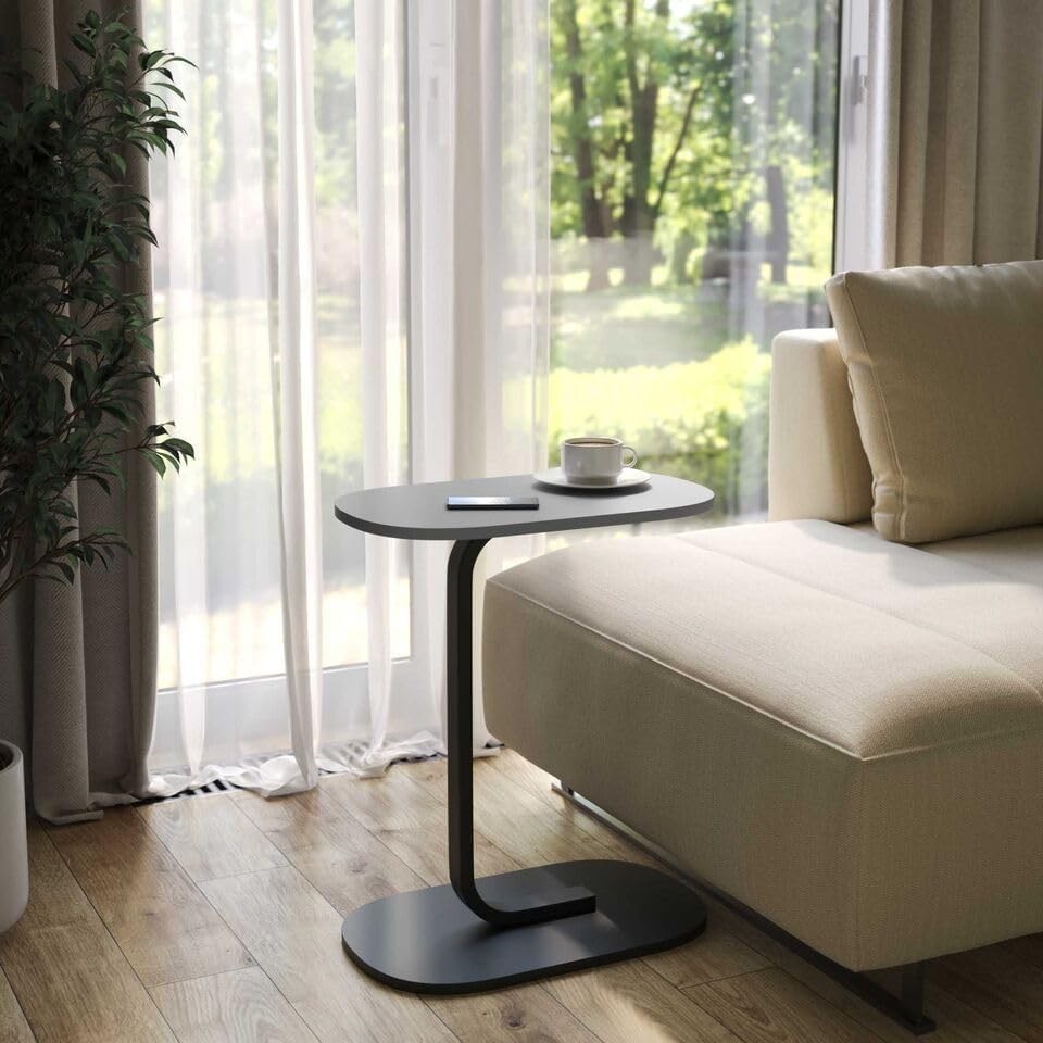 C-Shaped Side Table with Storage, Compact Wood & Metal Bedside Table, Grey