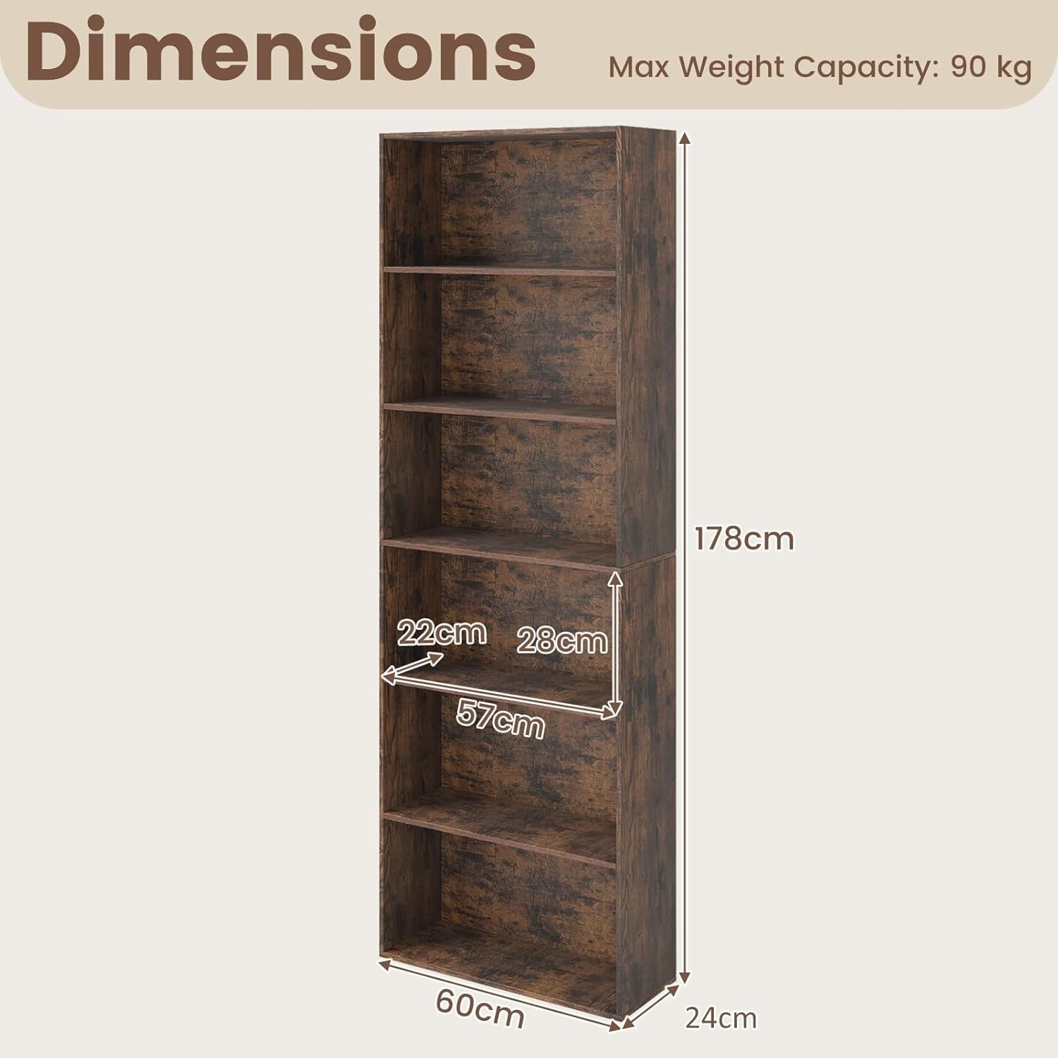 Tall 6-Tier Bookshelf Storage Unit Rustic Wood Shelving Rack for Living Room
