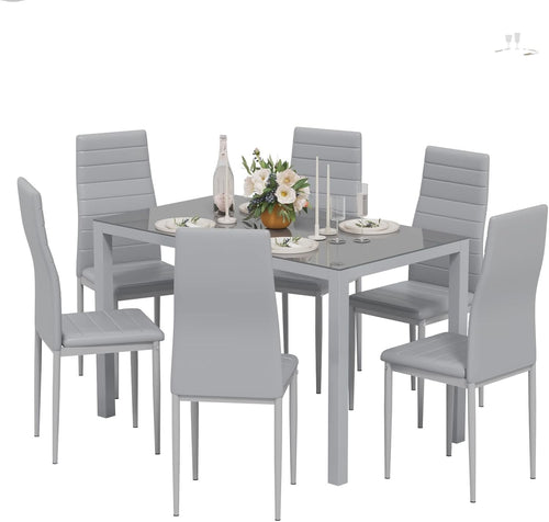 Modern Glass Dining Table & 6 Faux Leather Chairs Set – Durable & Stylish