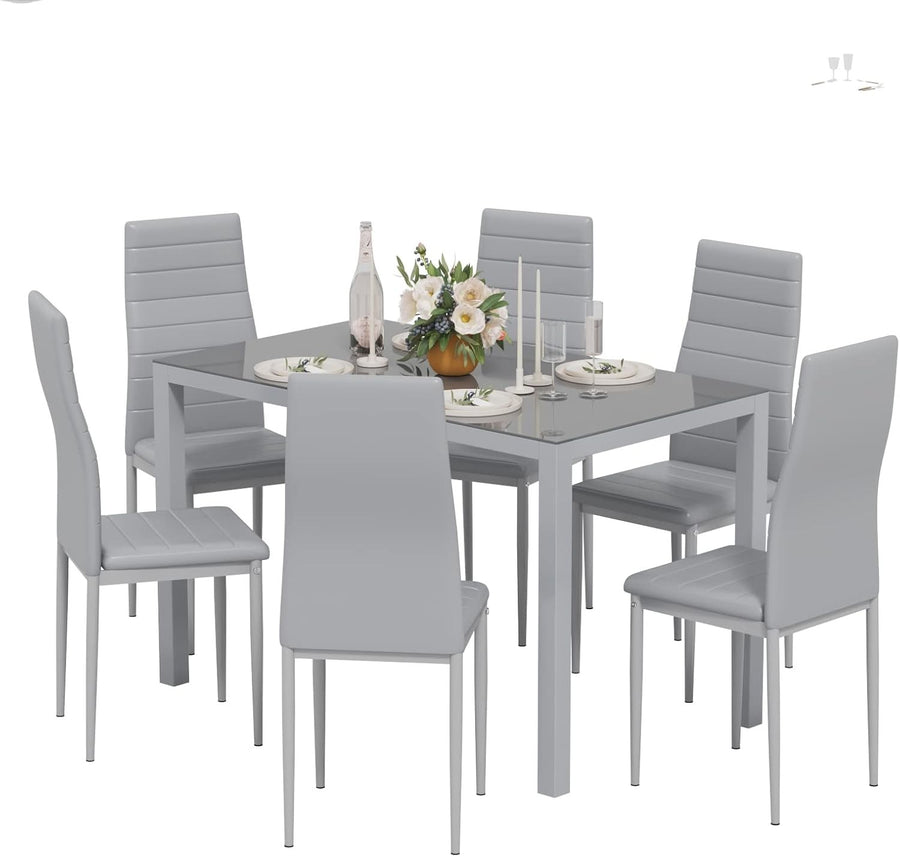 Modern Glass Dining Table & 6 Faux Leather Chairs Set – Durable & Stylish