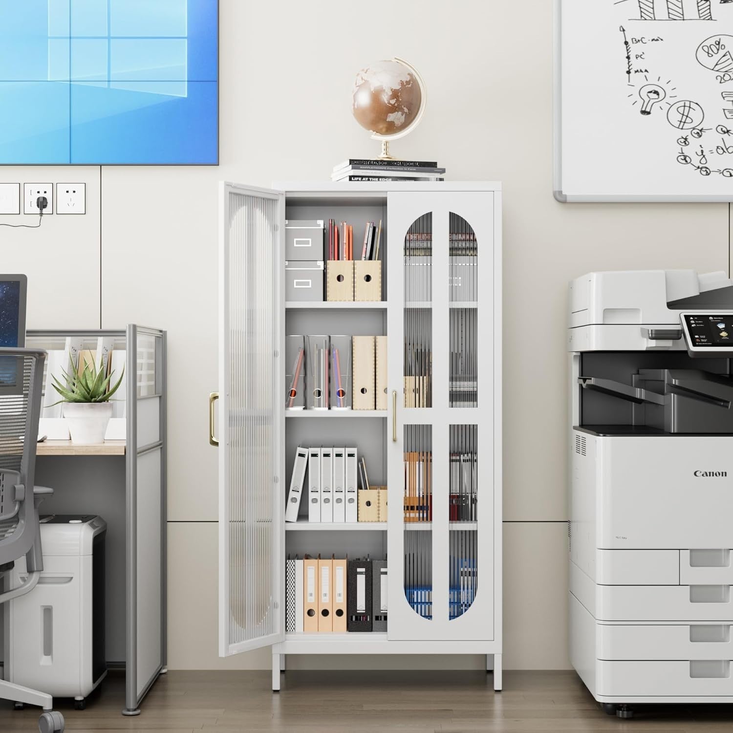 White Metal Storage Cabinet 2 Glass Doors Adjustable Shelves 155H