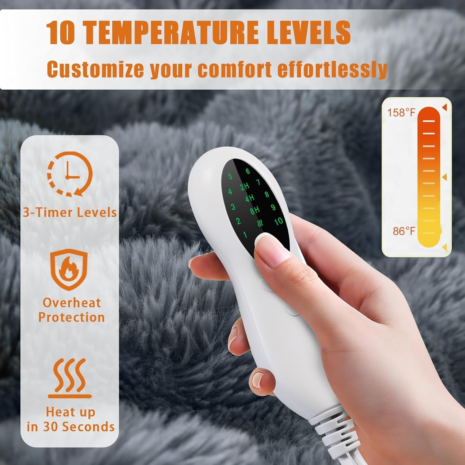 Electric Heated Throw Blanket 160x130cm Faux Fur Fast Heat Auto Shut Off