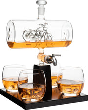 Motorcycle Whiskey Decanter Set 1100ml Tap Dispenser & 4 Glasses Gift Display