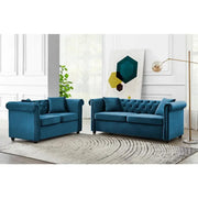 3 Seater Chesterfield Sofa Blue Velvet Scroll Arms Plush Living Room