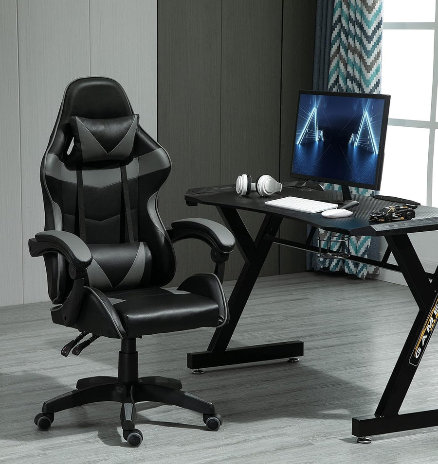 Reclining Gaming Chair Faux Leather Office Desk Chair w/ Lumbar Grey