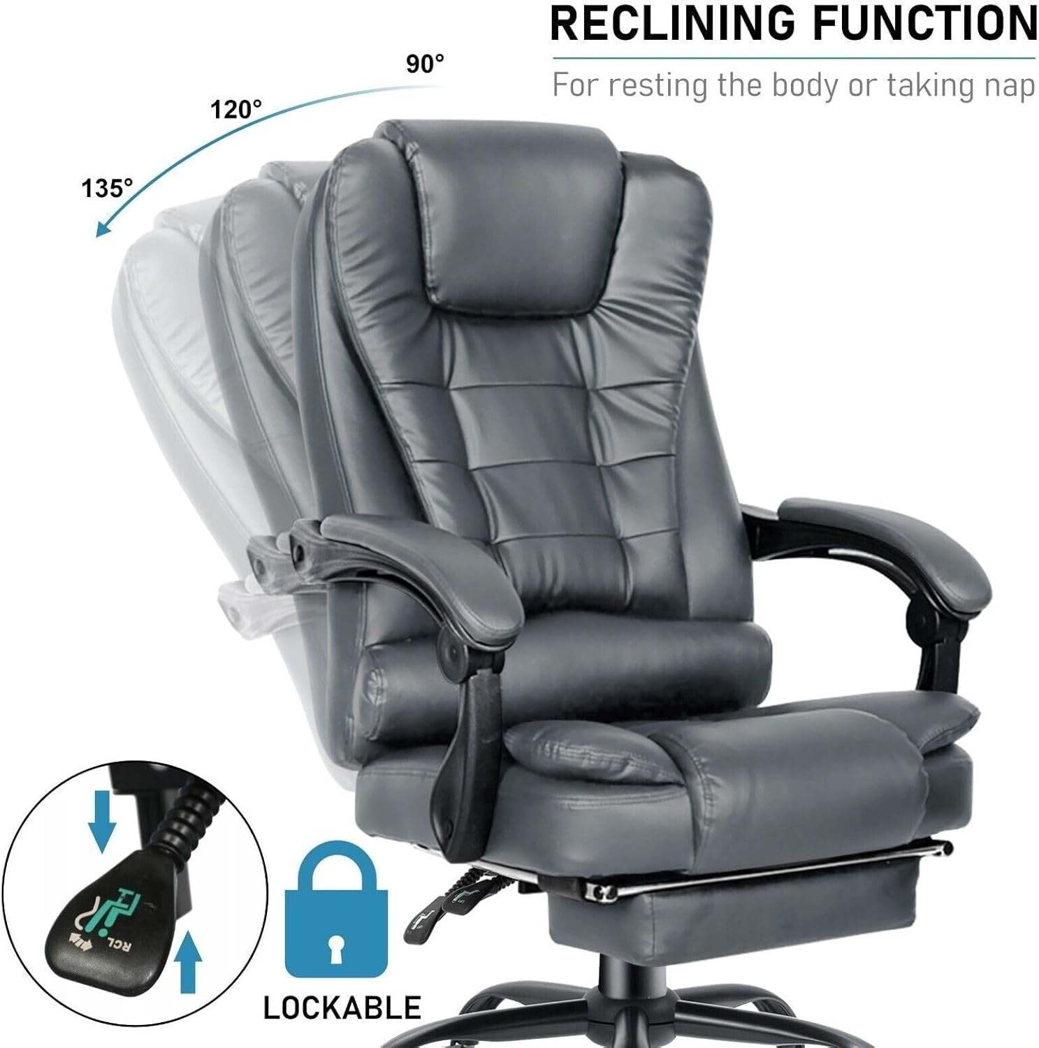 Executive Office Chair Massage Grey Faux Leather Adjustable Swivel Gaming Seat