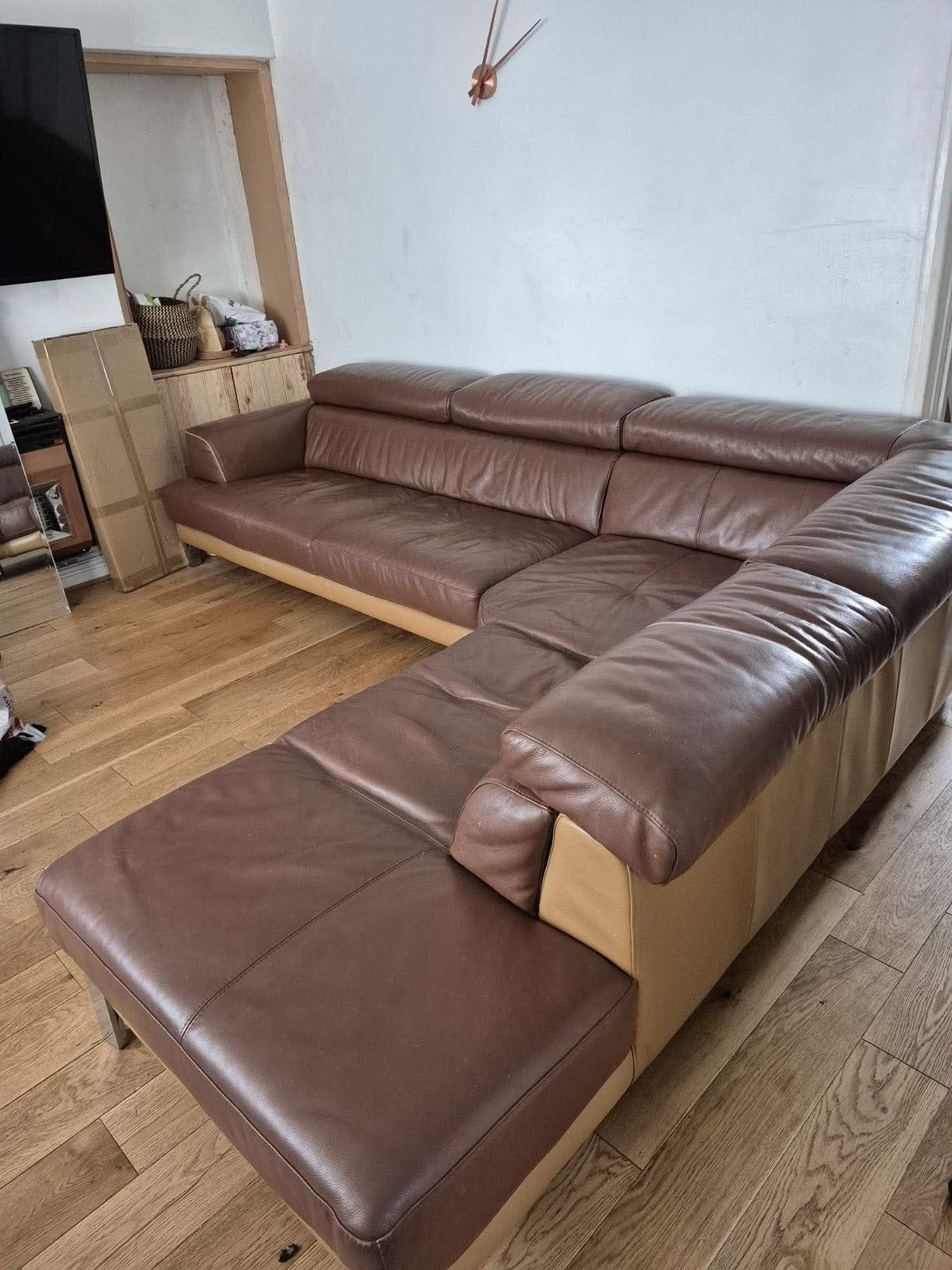 Double Brown Leather Corner Sofa (PTP)