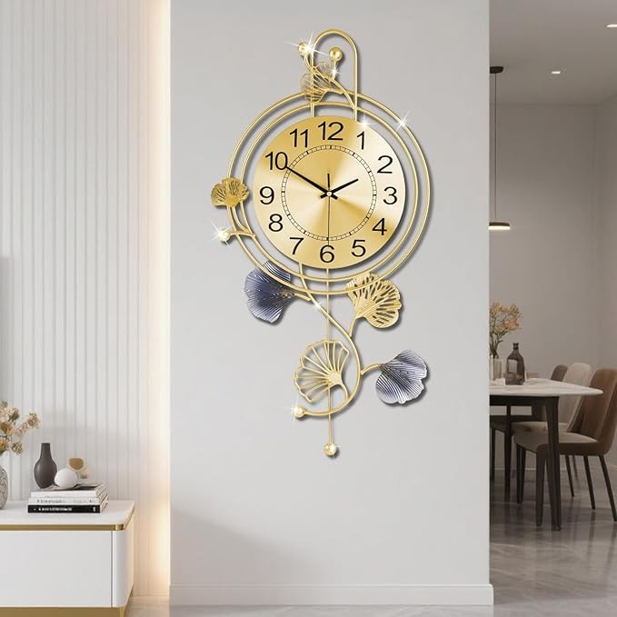 Luxury Gold Metal Wall Clock Silent Pendulum Modern Leaf Design Home Decor