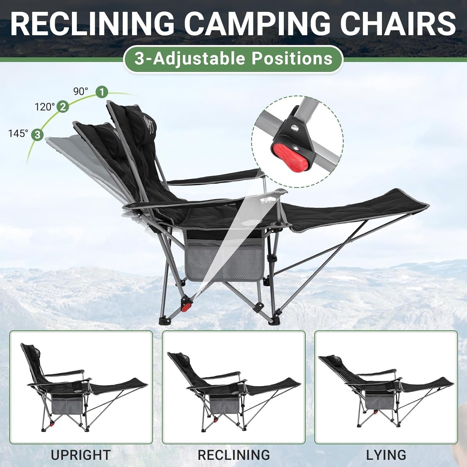2x Padded Reclining Folding Camping Chairs Footrest Cup Holder Black
