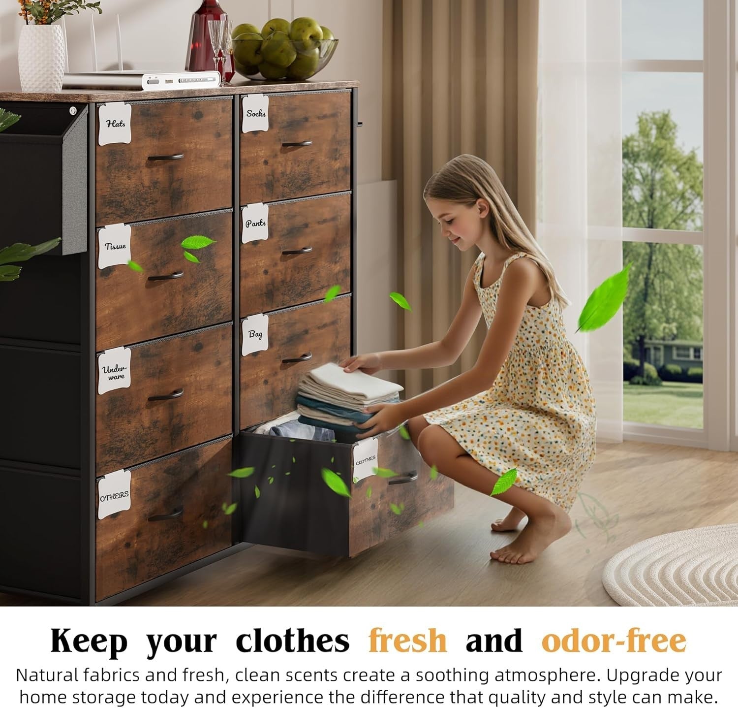Rustic 8 Drawer Tall Fabric Storage Unit w/ Labels, Pocket & Wood Top
