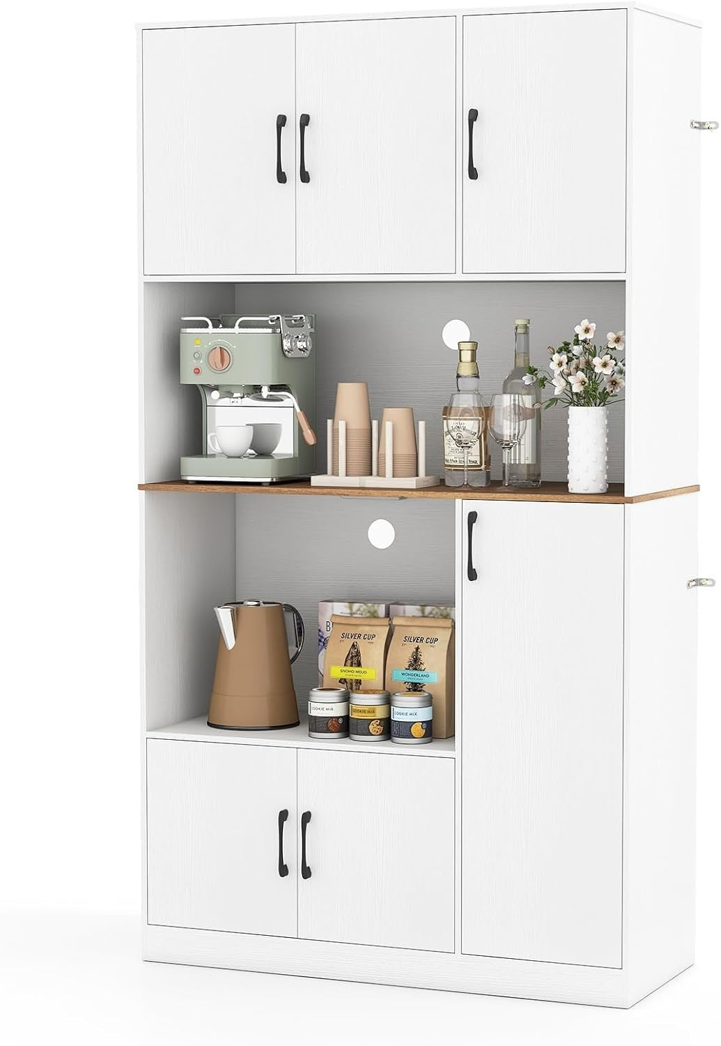 180cm Tall Kitchen Cupboard White 6 Doors Pantry Cabinet with Power Outlet