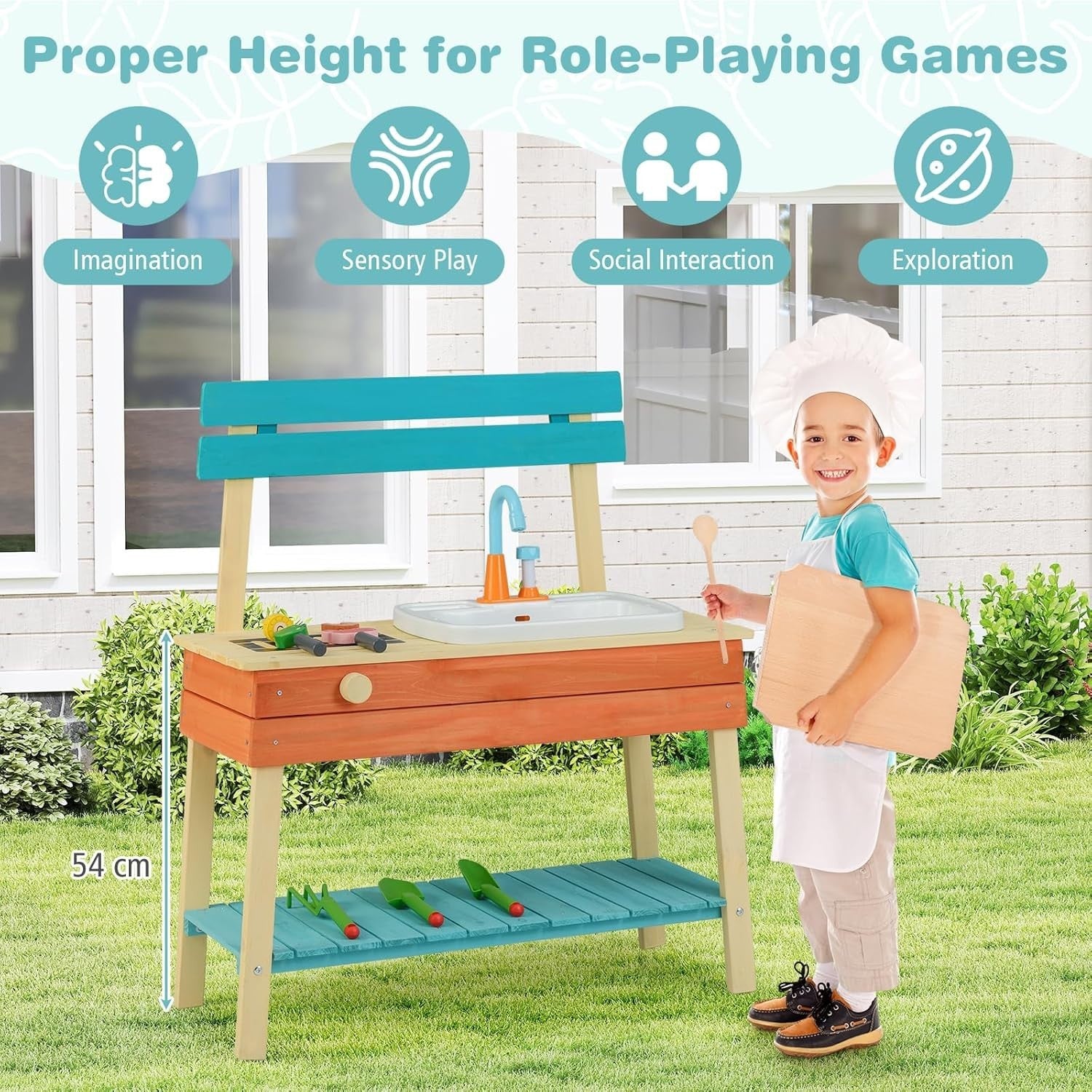 Outdoor Mud Kitchen Kids Wooden Playset w/ Sink Grill Gardening