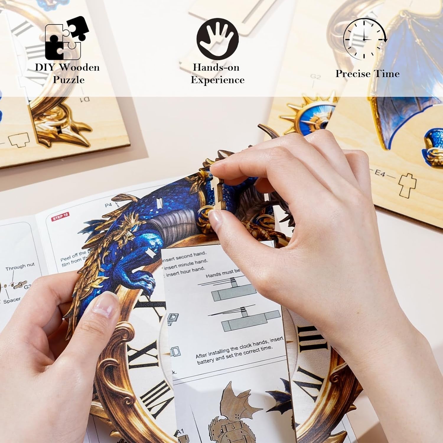 3D Wooden Blue Dragon Puzzle Clock DIY Kit for Home Decor 242x69x418mm