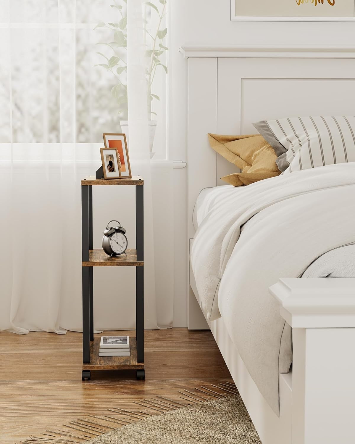 Narrow Small Side Table with Wheels & 3-Tier Storage, Adjustable Feet, Brown