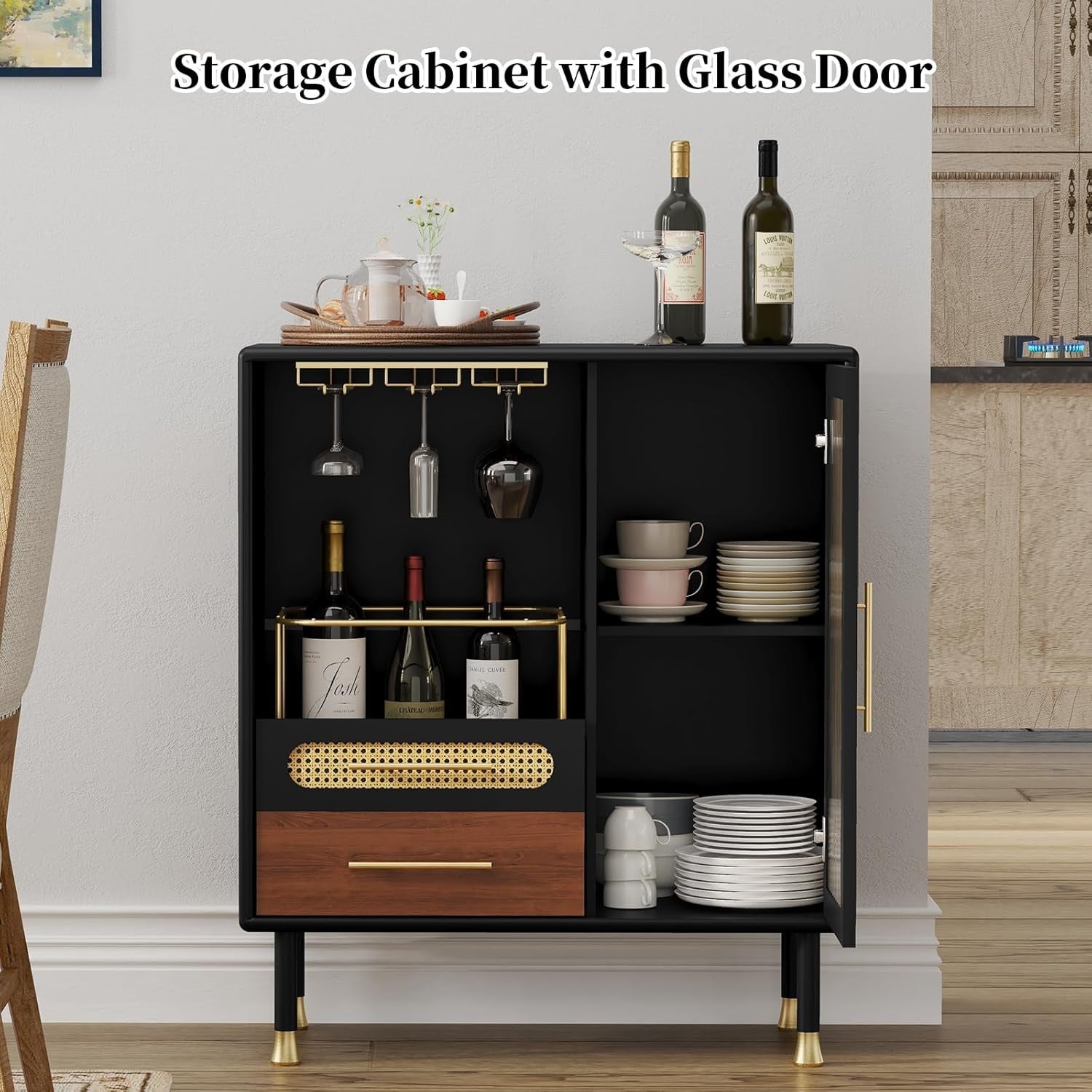 Modern Drinks Cabinet Black Sideboard Bar Unit with Wine Glass Rack & Drawers