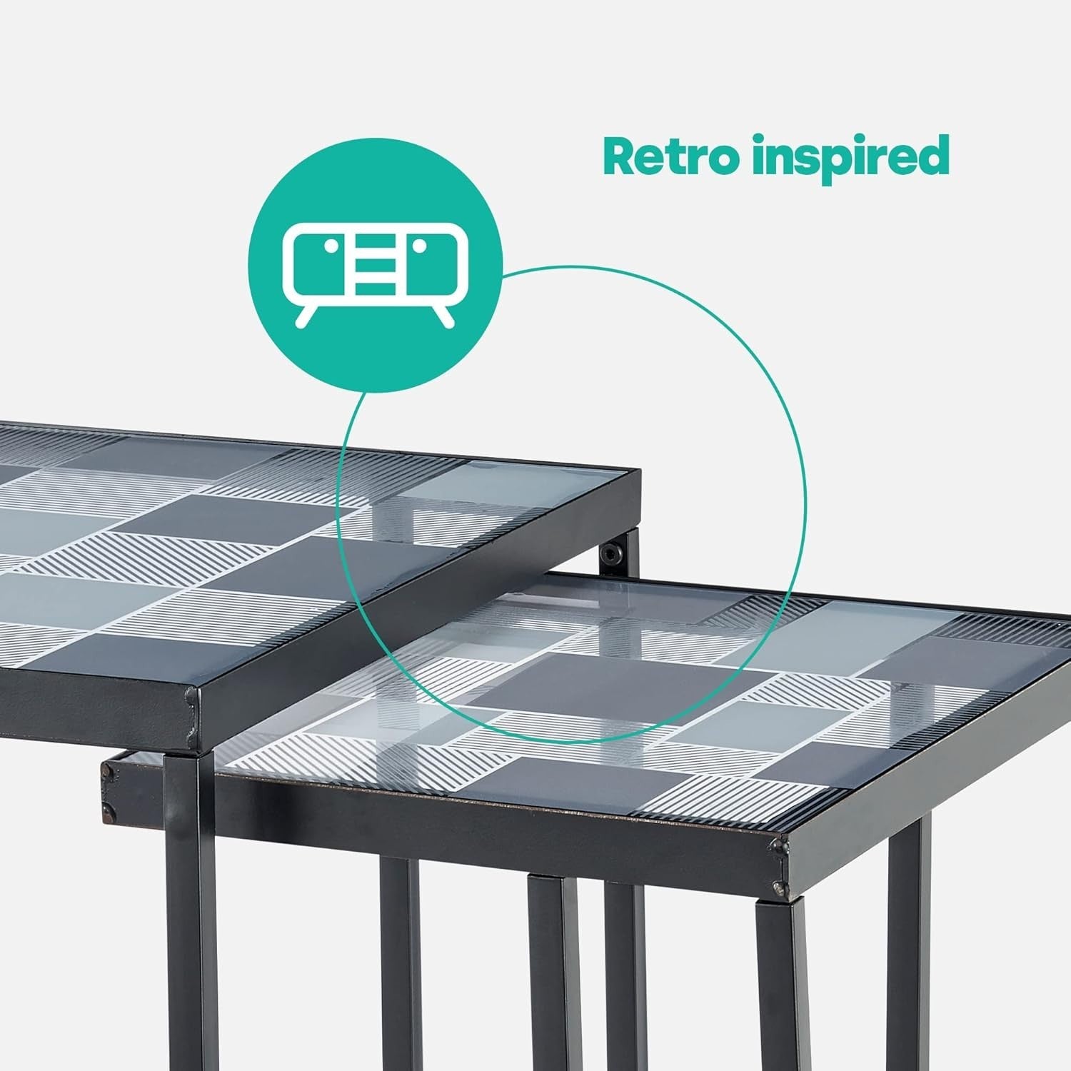 Space Saving Glass Coffee Table Square Side Sofa Table C-Shape Nesting Frame