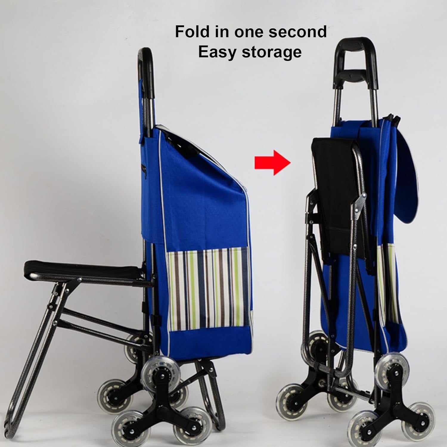 Shopping Trolley Stair Climber Foldable 2-in-1 Wheels with Seat