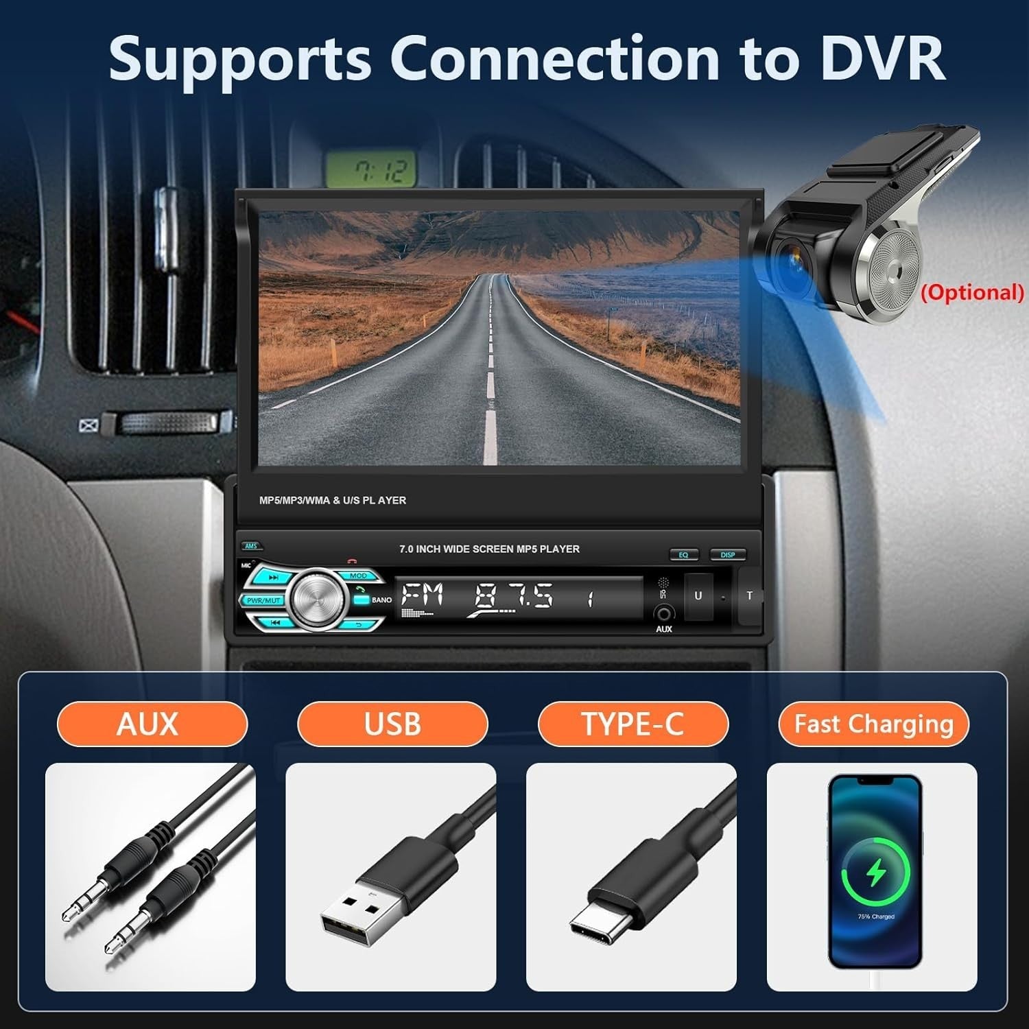 7" Single Din Car Stereo Wired CarPlay Android Auto Bluetooth FM