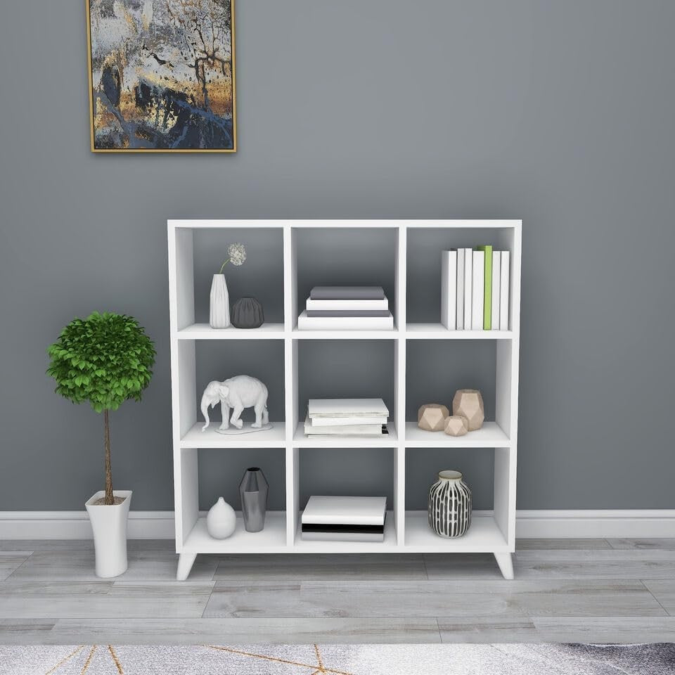 White 9-Cube Bookcase Storage Unit with Legs | Modern Display Shelf Organiser