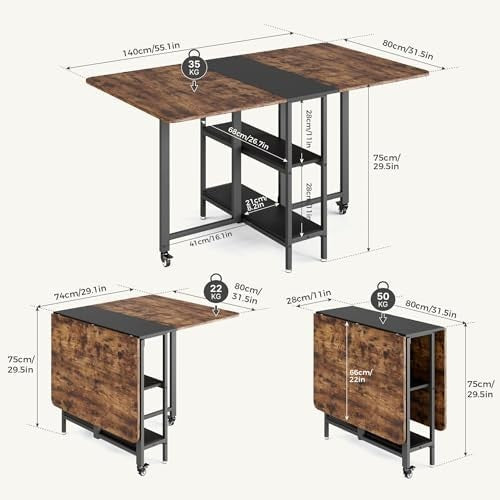 Rustic Brown Drop Leaf Folding Dining Table with Storage 140cm
