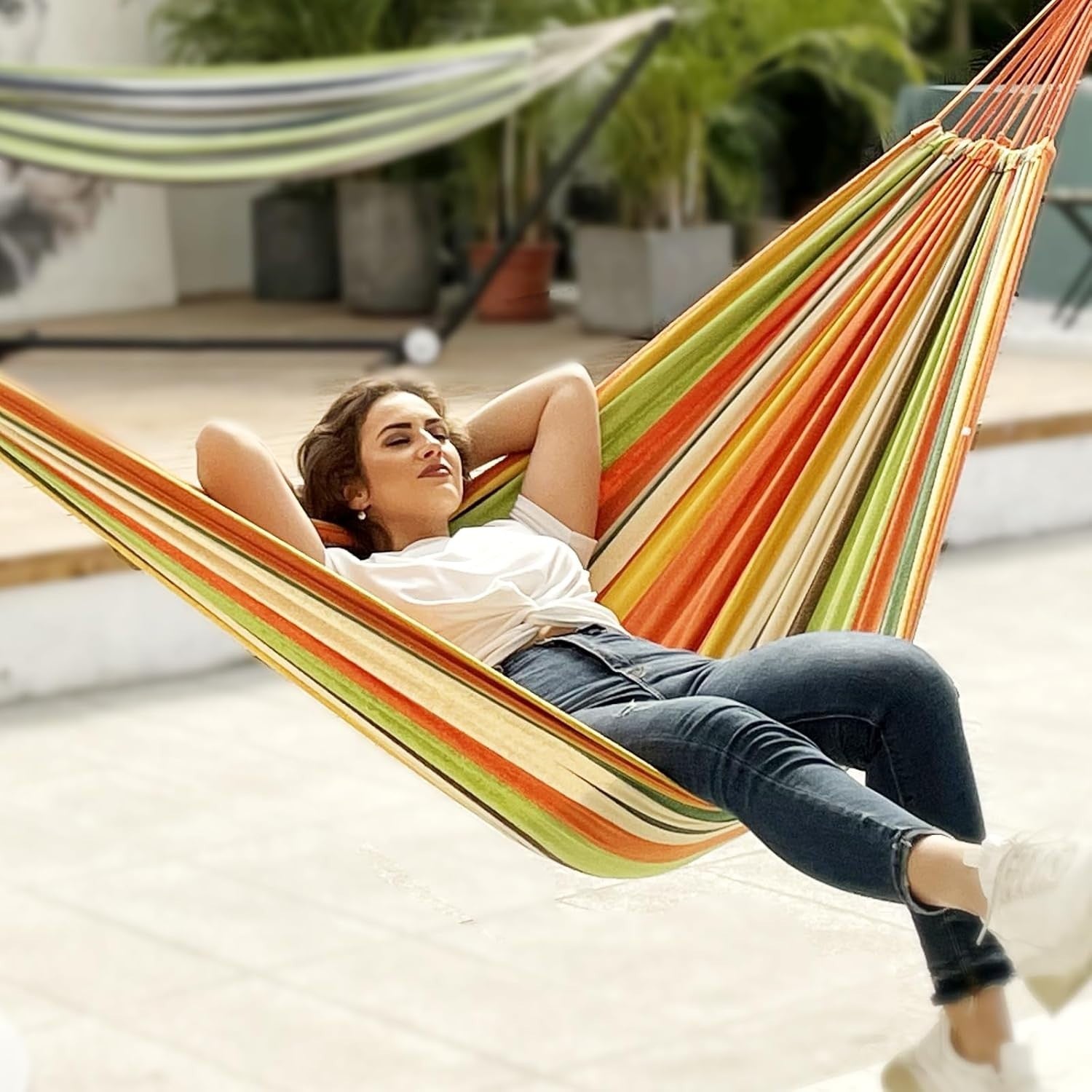 Portable Cotton Hammock with Tree Straps & Travel Bag, 204lb Capacity