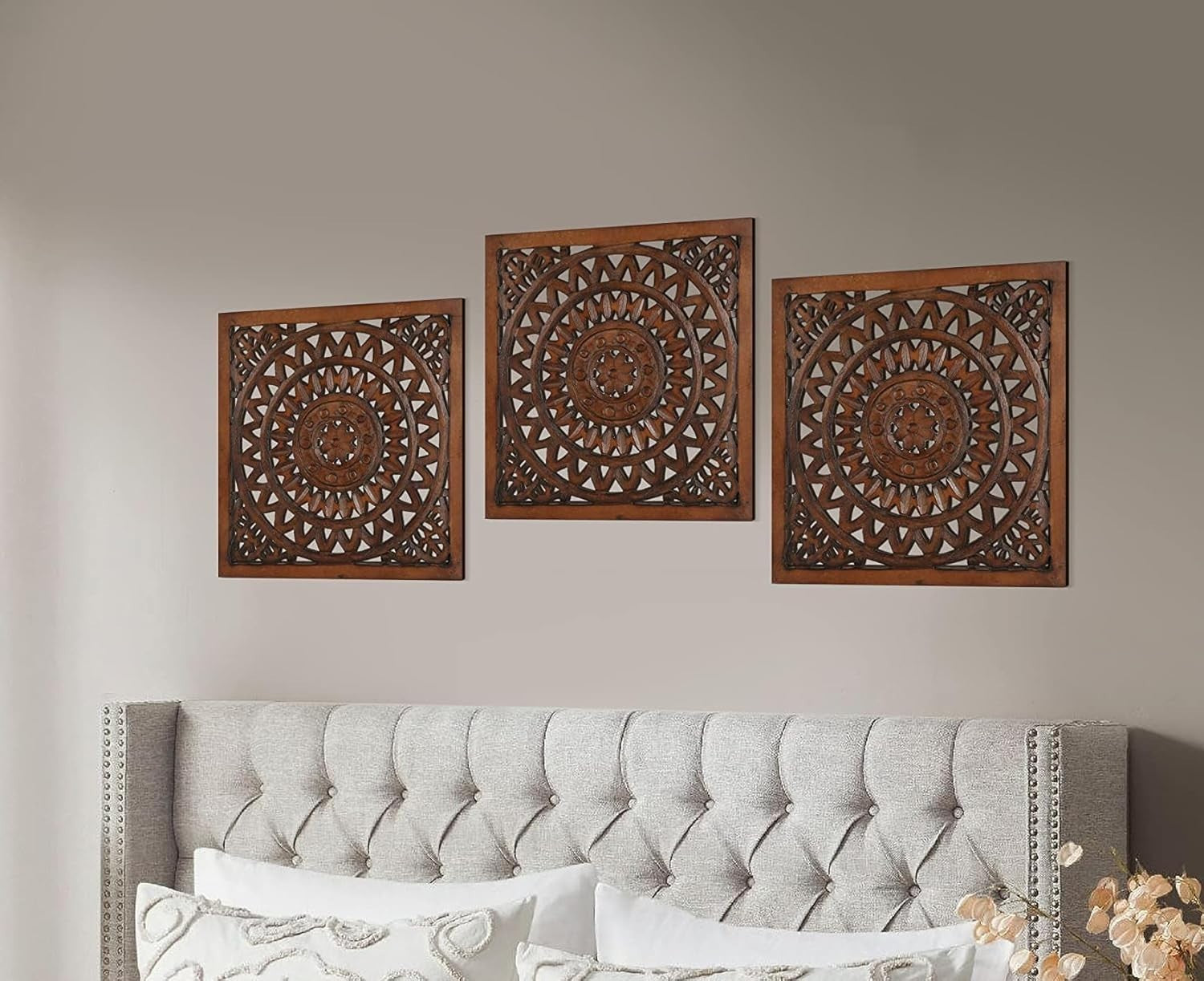 Set of 4 Wooden Wall Plaques Hand Carved Decor Panels 16x16