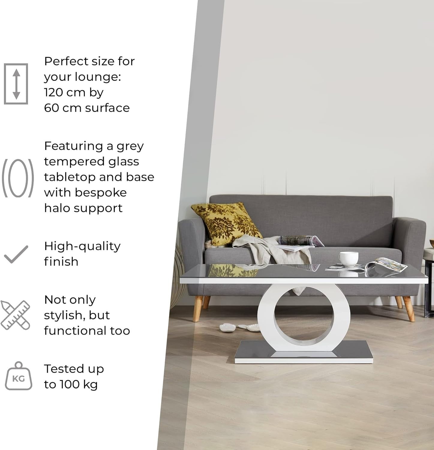 Modern Glossy Black & White Glass Coffee Table with Tempered Glass 120x60cm