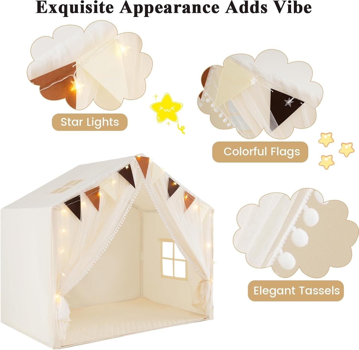 Large Kids Indoor Playhouse Tent w Star Lights Mat Windows Banner
