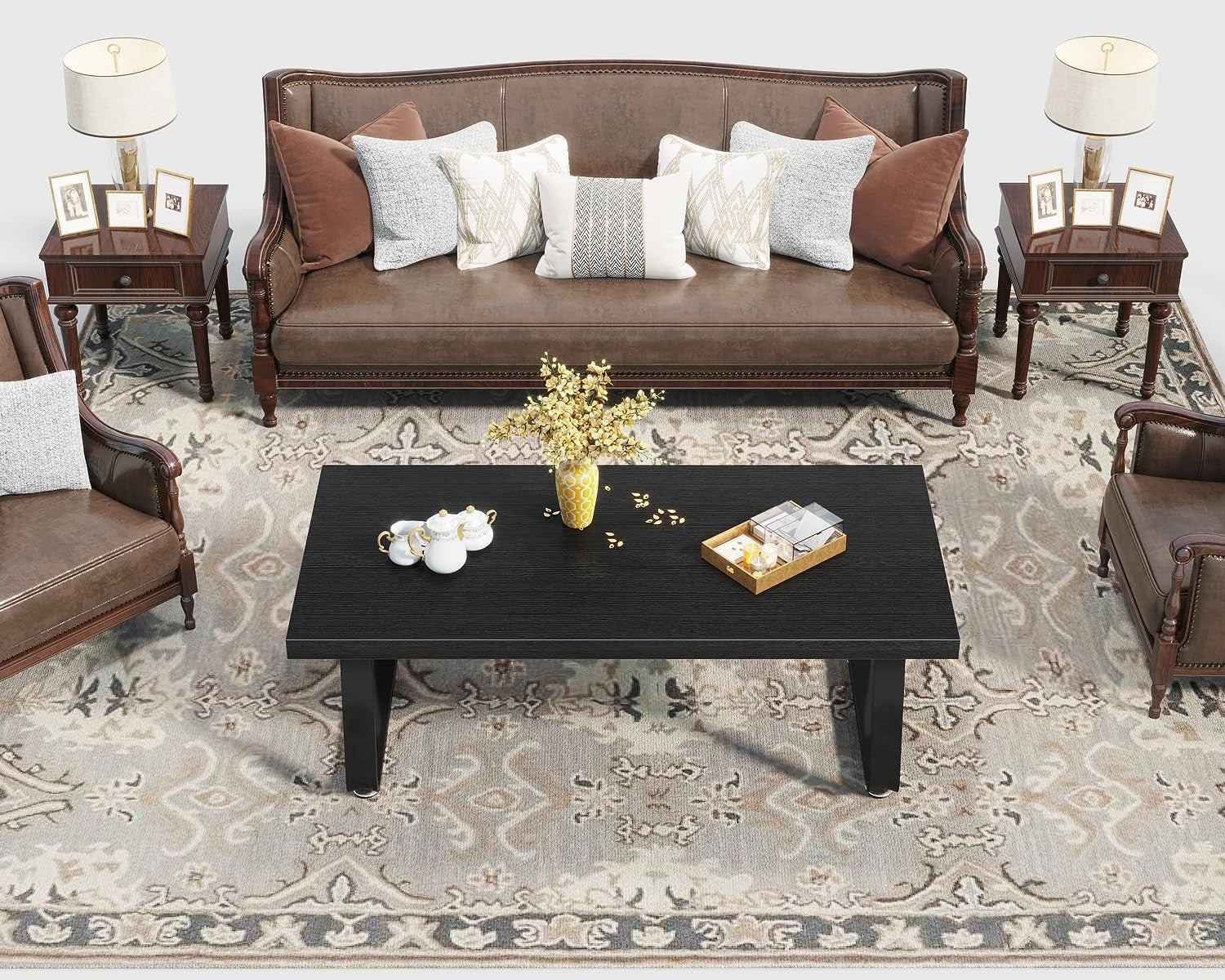 Black Oak Coffee Table 120x60x46.5cm Metal Frame, Industrial Minimalist