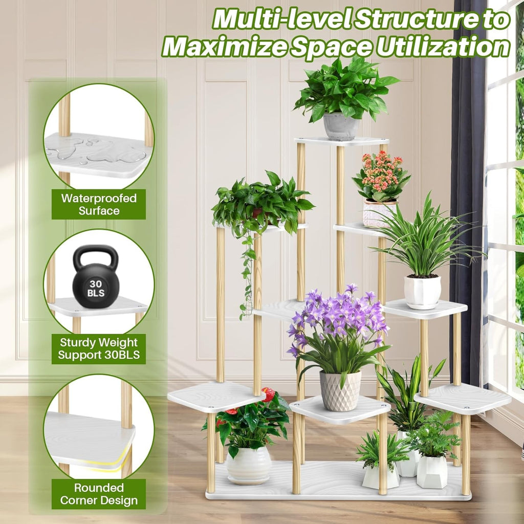 9 Tier Wooden Plant Stand Indoor Outdoor Multi Pot Flower Rack Display Shelf