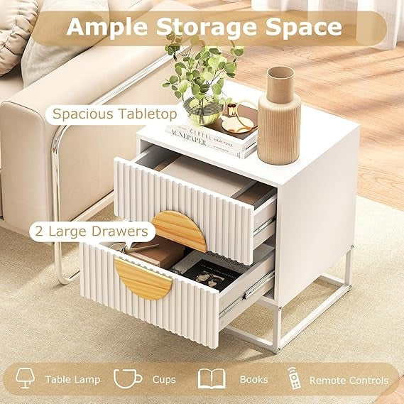 Set of 2 White Modern Bedside Tables – Dual Drawers Metal Frame Wood Accent